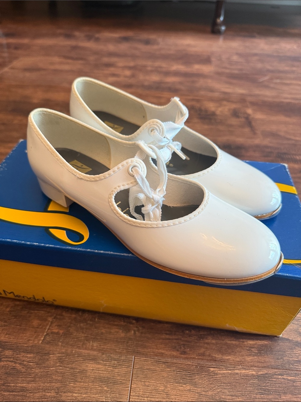 La Mendola White Patent Mary Jane Heels with Tie Detail Tap Shoes